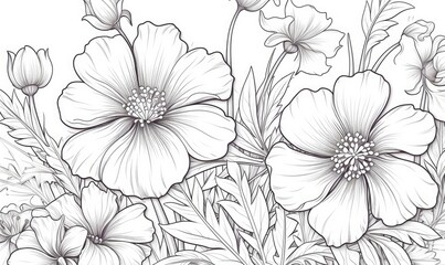 A line drawing of flowers on a white background - obrazy, fototapety, plakaty