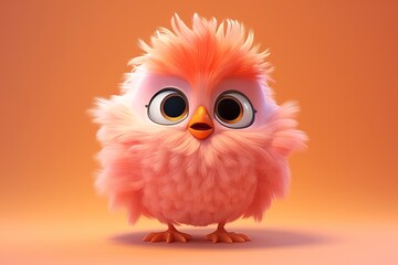 Fluffy and cute little bird, cartoon style, peach fuzz color, furry, round body, cute, beautiful big eyes