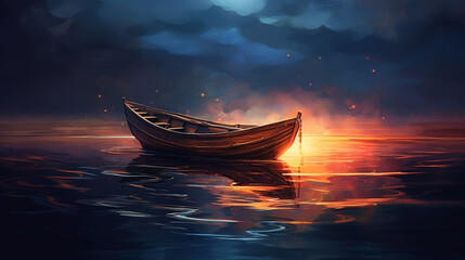 Boat on the sea scene in digital art, a boat peacefully gliding on a reflective body of water