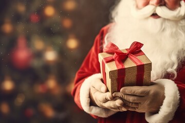 Christmas santa claus with gift box, copy space with generative ai - obrazy, fototapety, plakaty