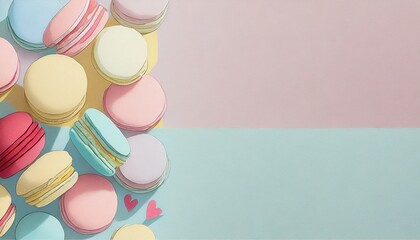Colorful macaroons on the left, empty space on the right. Pastel tone background