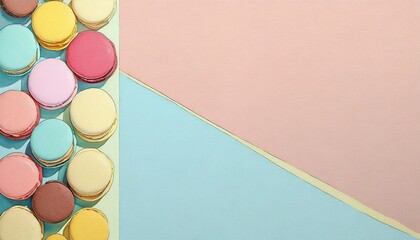 Colorful macaroons on the left, empty space on the right. Pastel tone background