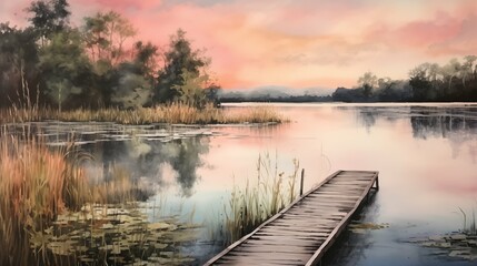 Fototapeta na wymiar a calm lake at dusk, the sky transitioning from blue to orange and pink, a sturdy wooden dock jutting into the water, surrounded by lush greenery, a sense of peaceful solitude and reflection, Painting