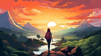a traveling woman with a backpack cartoon vector illustration of blond hair lady , back view, looking down the mountain peak full body  - obrazy, fototapety, plakaty