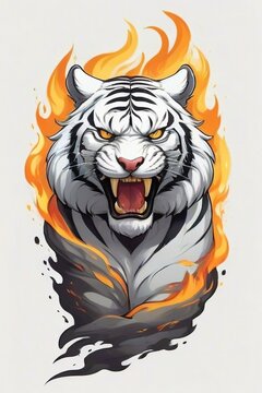 A  illustration of tiger head with smoke and fire, print, t-shirt design.