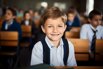 Portrait of student boy smiling in class at the elementary school