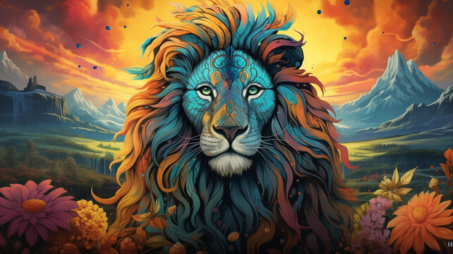 lion imaginative digital artwork featuring a brightly colored animal with a stunning mountainous landscape in the background, the colors