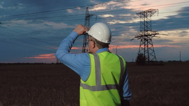 Technician in helmet walks past power transmission lines after hard working day at substation. Engineer walks across field with powerlines network in country field. Mature electrician at power plant