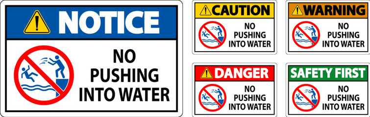 Water Safety Sign Attention, No Pushing Into Water