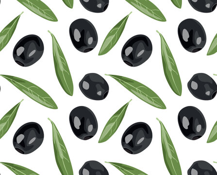 Pattern of black olives with leaves. Seamless pattern in vector.