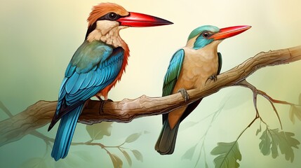 Obraz premium Duo of Birds Perching on Branch in Nature generated by AI tool