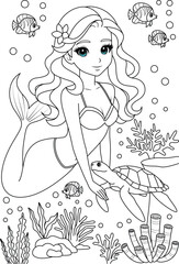 Fototapeta na wymiar Kawaii mermaid princess playing with turtle coloring page