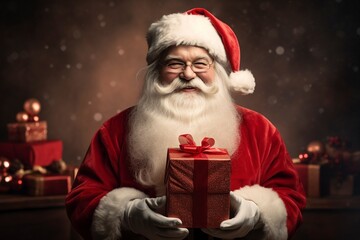 Christmas santa claus with gift box, copy space with generative ai - obrazy, fototapety, plakaty