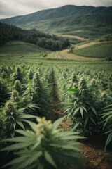 A large green cannabis plantation in beautiful nature. Legal marijuana.