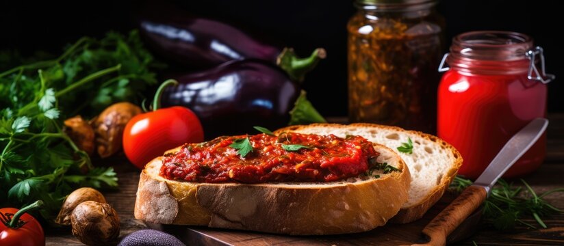 Romanian food called Zacusca. Bread with vegetable spread, roasted eggplant, onions, tomato paste, and red peppers. Suitable for autumn and vegetarians.