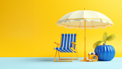 3d render of beach items umbella chair and hat on blue background.