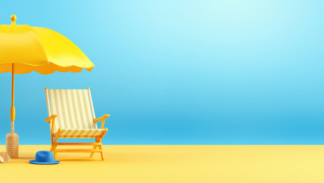 3d render of beach items umbella chair and hat on blue background.