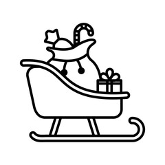 Vector Illustration of Christmas Sleigh Icon, santa's sleigh with christmas gifts, isolated on white background in line style.