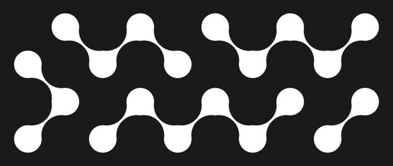 Black and white meta balls set. Diagonal connected morph dots. Liquid blobs pattern collection. Thin integration abstract concept. Rounded design element bundle for logo, icon, emblem, poster. Vector