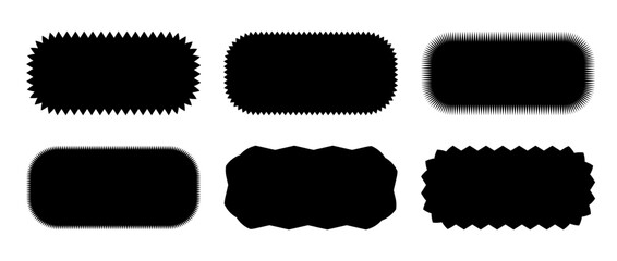 Zig zag edge rounded shape collection. Jagged rough oval elements set. Black graphic design elements for decoration, banner, poster, template, sticker, badge, label, tag, emblem. Vector bundle
