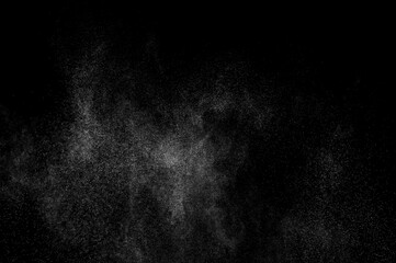 Abstract splashes of water on black background. Freeze motion of white particles. Rain, snow overlay texture. - obrazy, fototapety, plakaty
