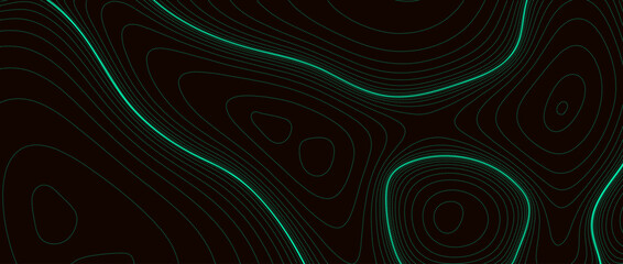 Abstract line background. Black topographic contour map concept. Neon green terrain outline pattern. Linear geographic design template wallpaper for poster, banner, print, leaflet. Vector illustration - obrazy, fototapety, plakaty