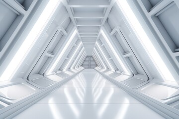 3d render abstract white Triangle Spaceship corridor. Futuristic tunnel with light. Sci-fi science concept. 