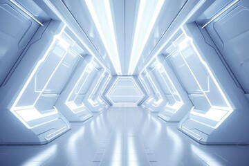 3d render abstract white Triangle Spaceship corridor. Futuristic tunnel with light. Sci-fi science...