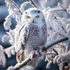 Majestic snowy owl perched on a snow-covered tree branch.