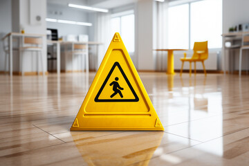 Generative AI Image of Wet Floor Safety Caution Sign in the Room - obrazy, fototapety, plakaty
