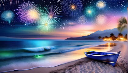 The Beachfront Fireworks Spectacle: Endless Waves and the Beautiful Confluence of Lights.(Generative AI)