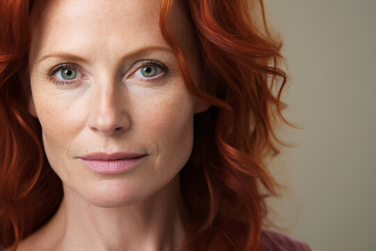Face of beautiful middle aged woman with freckles and red hair