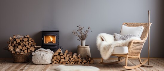 Scandinavian home: wooden stove, firewood, old rocking chair in living room corner. Rag carpet on oiled floor. White sheepskin in chair. - obrazy, fototapety, plakaty