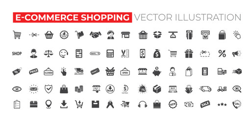 E-commerce shopping icons set. Online shopping icons set and payment elements. Good for apps and web sites. Vector illustration. 