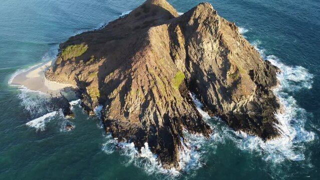 Stunning aerial view of backside of Mokulua island (Mokes) in Lanikai, Kailua Oahu. 