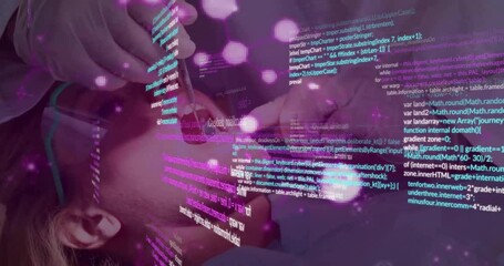 Animation of dentist with patient and data processing over dark background - Powered by Adobe