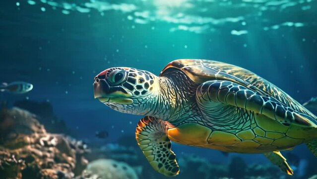 closeup of a green sea turtle swimming underwater