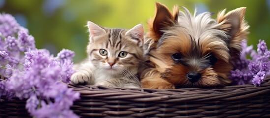 Fototapeta na wymiar Yorkshire terrier and kitten rest in a basket amid lilacs.