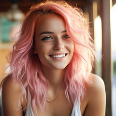 Fototapeta premium Cute smiling girl with pink hair closeup, ai technology