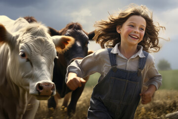 Obraz premium Farmer girl and cows in a field 