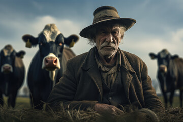 old man Farmer and cows in a field	