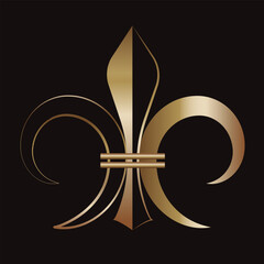 Fleur De Lis icon Royal French heraldic symbol  Gold, metallic, outline decorative design element Vector illustration Isolated on black background - obrazy, fototapety, plakaty