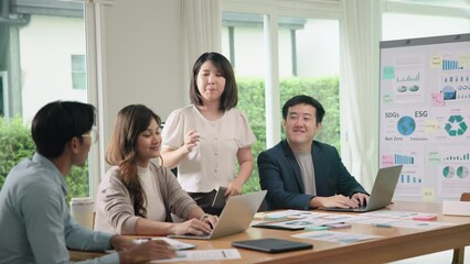 CO2 emission offset price advice control go green report. Net zero waste advisor ESG ethical asian team office meeting talking climate change. Group asia woman people SDGs plan expert social working.