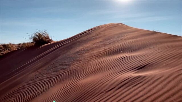 Enchanting landscape scenery as wind sweeps over red sand dunes of the Namib desert in Namibia