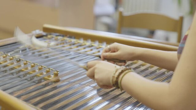 Young musician plays Dulcimer - old wooden musical instrument.  Close up.