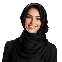 Naklejka premium Happy arabian woman in black dress close up on transparent background, ai technology