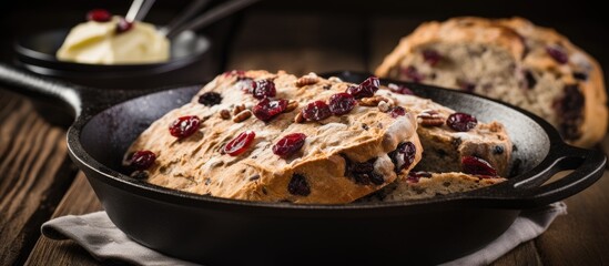 St. Patrick's Day recipe idea: Irish soda bread cooked in a cast iron pan with cranberries, pecans, and served with Irish butter. - obrazy, fototapety, plakaty