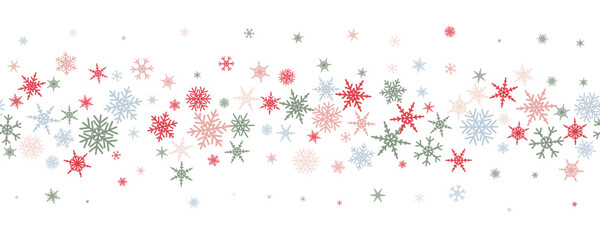 Snowflakes vector background. Winter holiday decor with multicolor crystal elements. Graphic icy frame isolated on white backdrop.