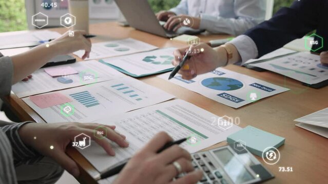 Carbon offset price report CO2 emission. Future growth Net zero waste in ESG office protect climate change global warming social issues project. Group asia woman people SDGs plan team talking workshop