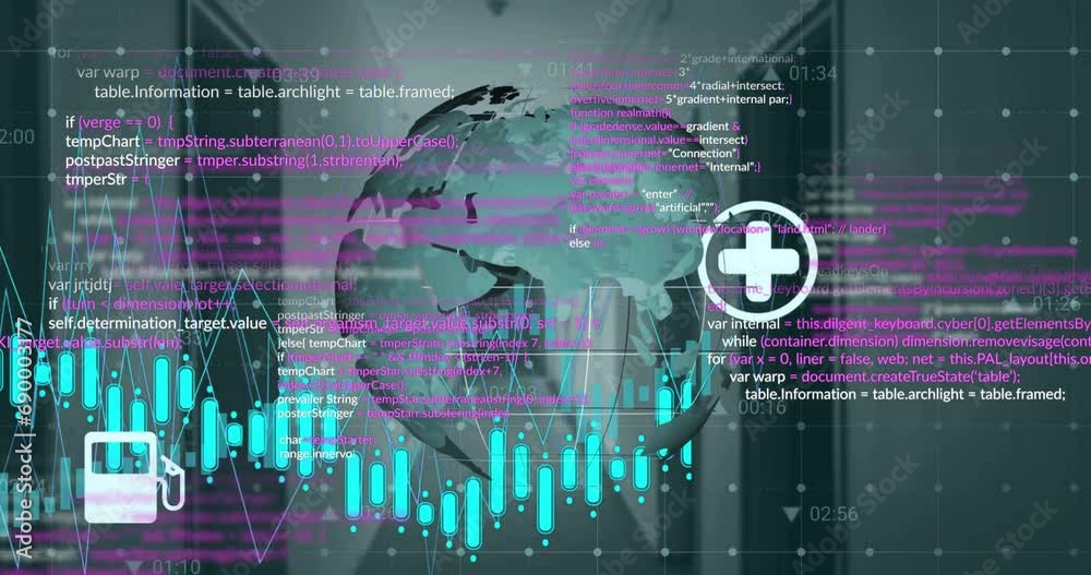 Poster animation of globe, data processing over computer servers